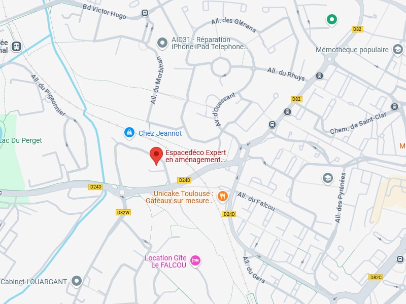 Plan de ville centré sur Espacedéco Expert en aménagement, près de All. du Morbihan et Av. d'Ouessant. Unicake Toulouse et Lac Du Perget sont visibles.